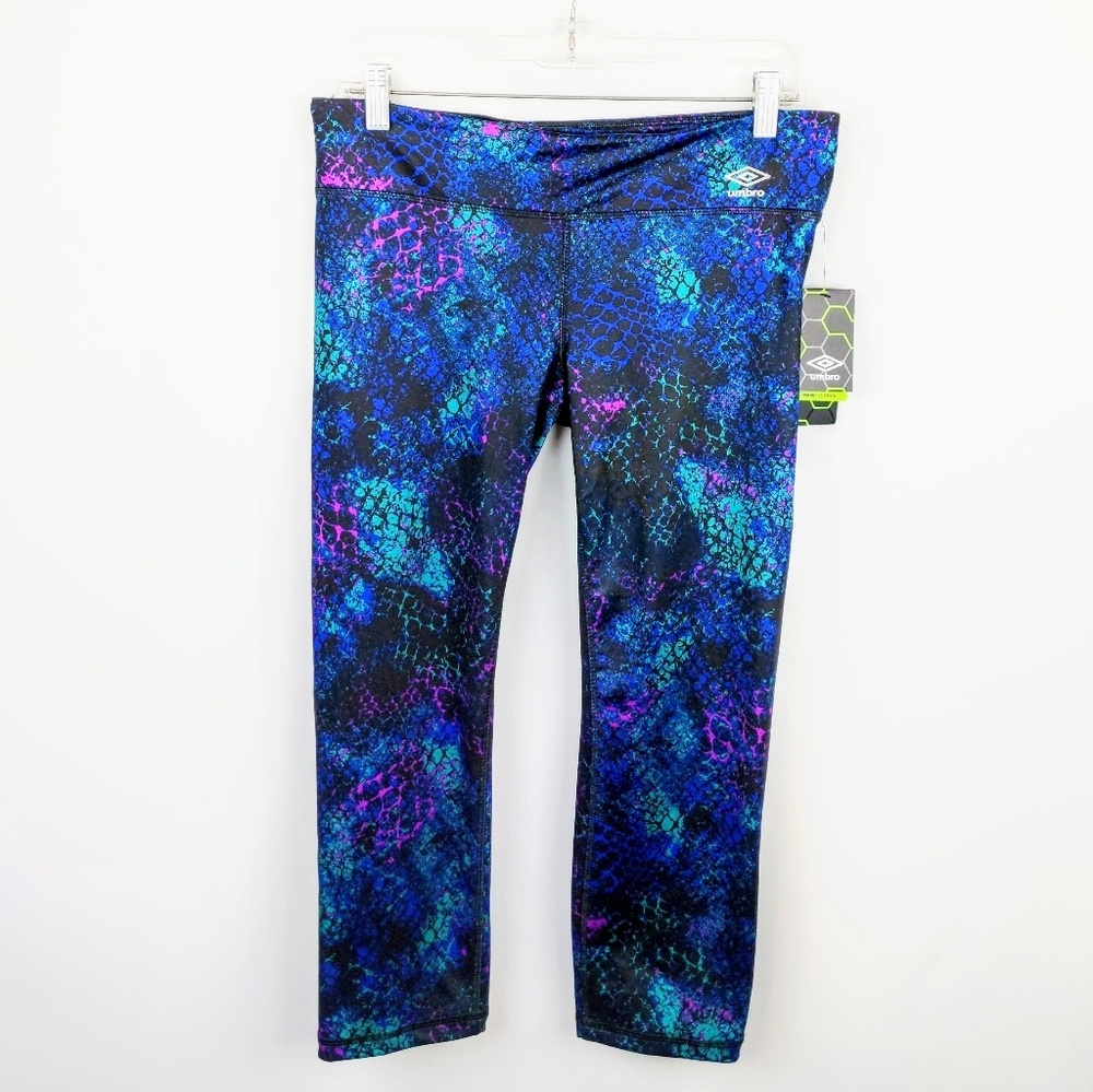 UMBRO Blue & Black Printed Cropped Workout Legging Tights NWT